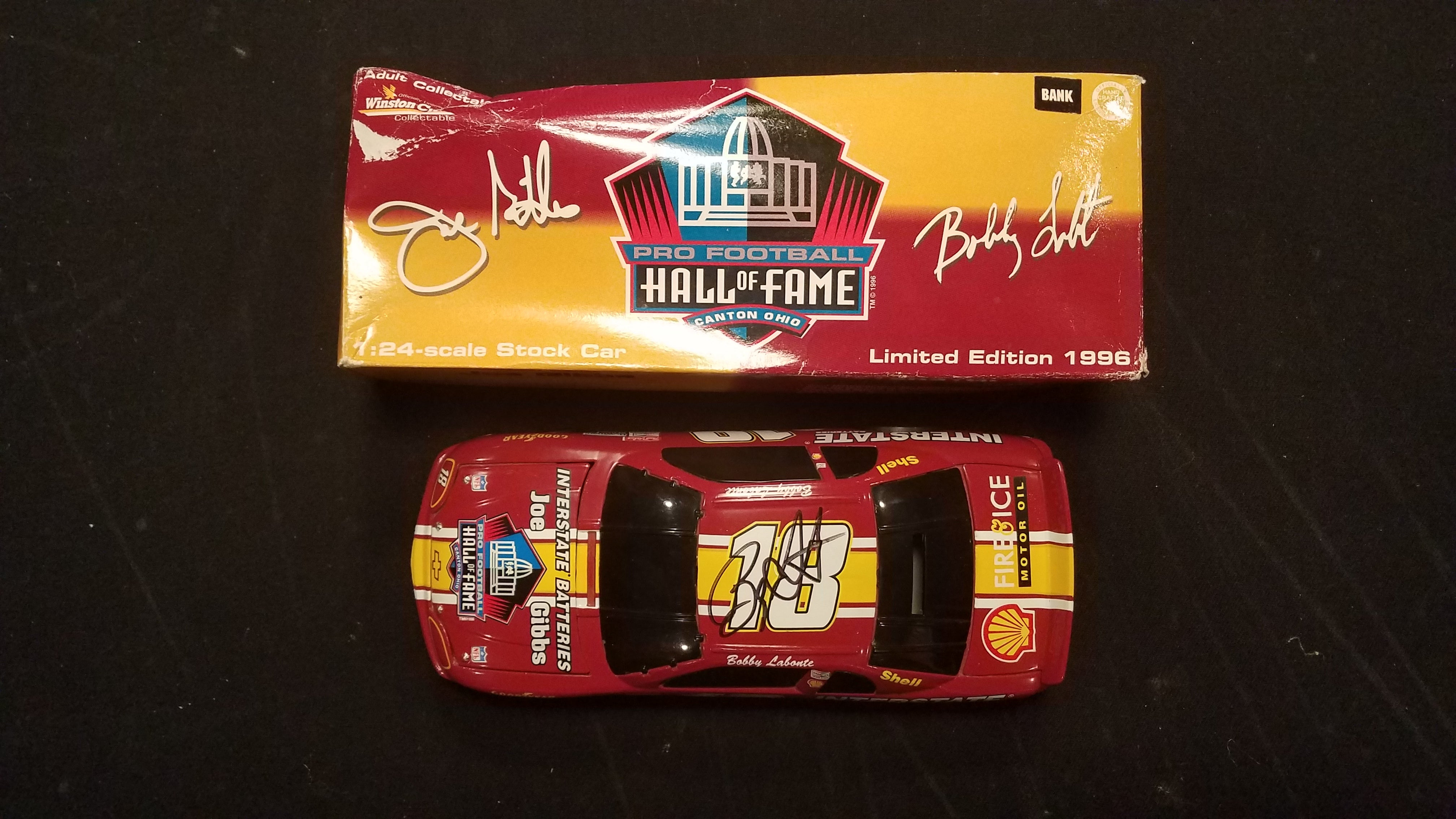 Autographed Bobby Labonte Pro Football Hall of Fame 1996 1:24 Diecast bank in Original Box