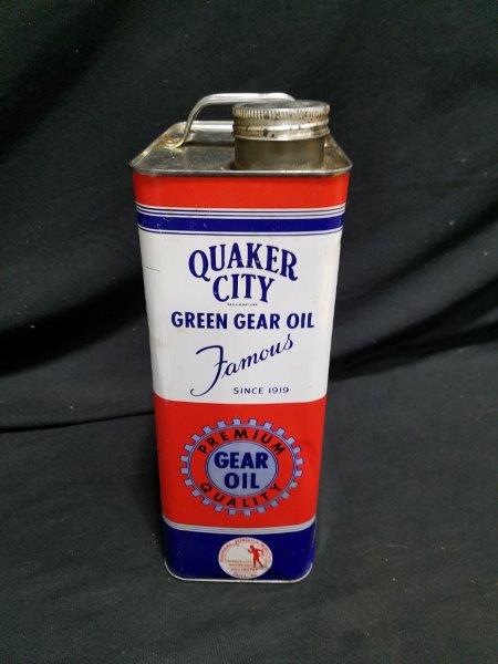 Quaker City Green Gear Oil 5 Quart Metal Oil Can with Arabic Writing