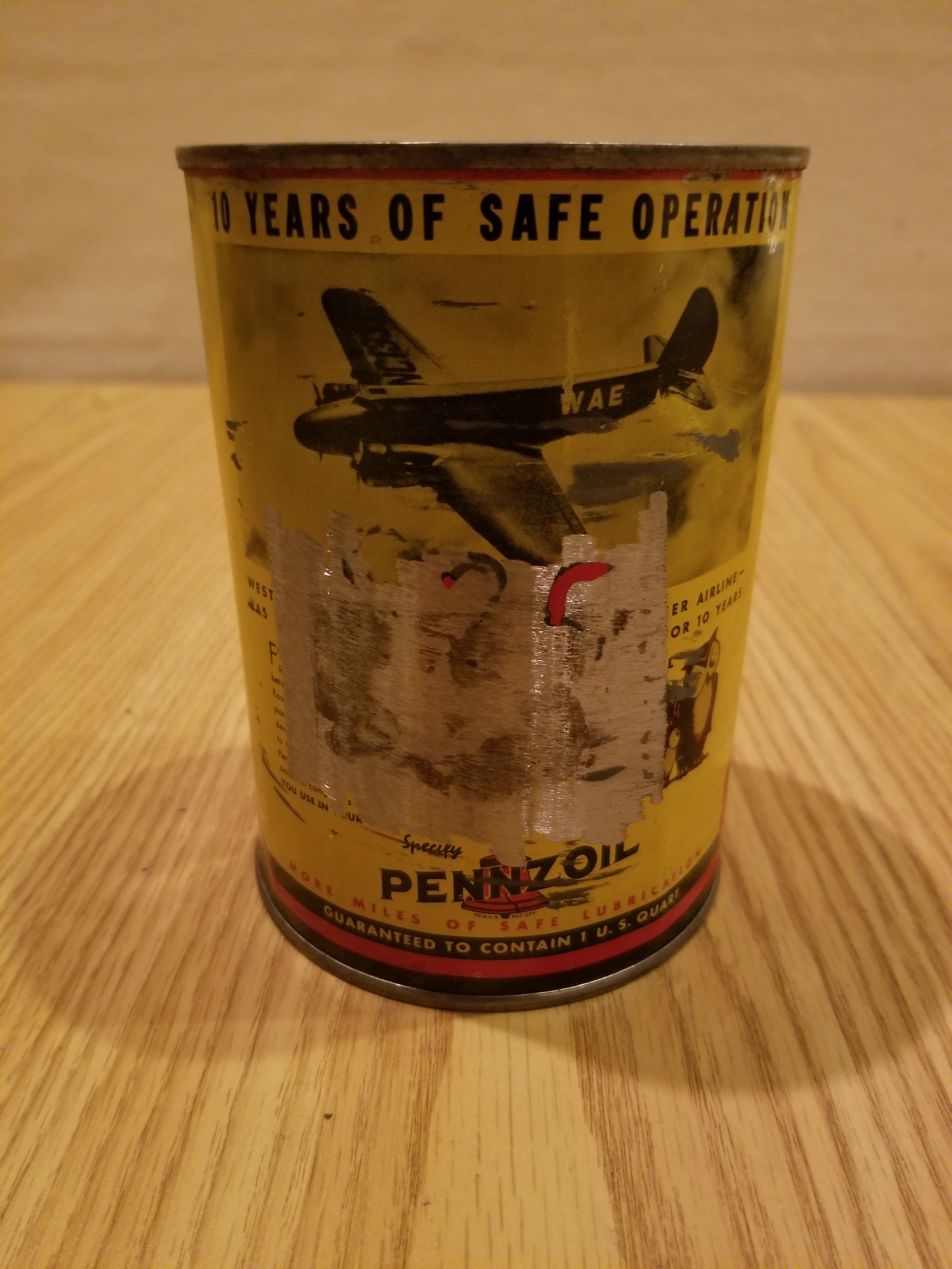 Pennzoil 10 Years Safe Operation Airplane Picture Motor Oil Can